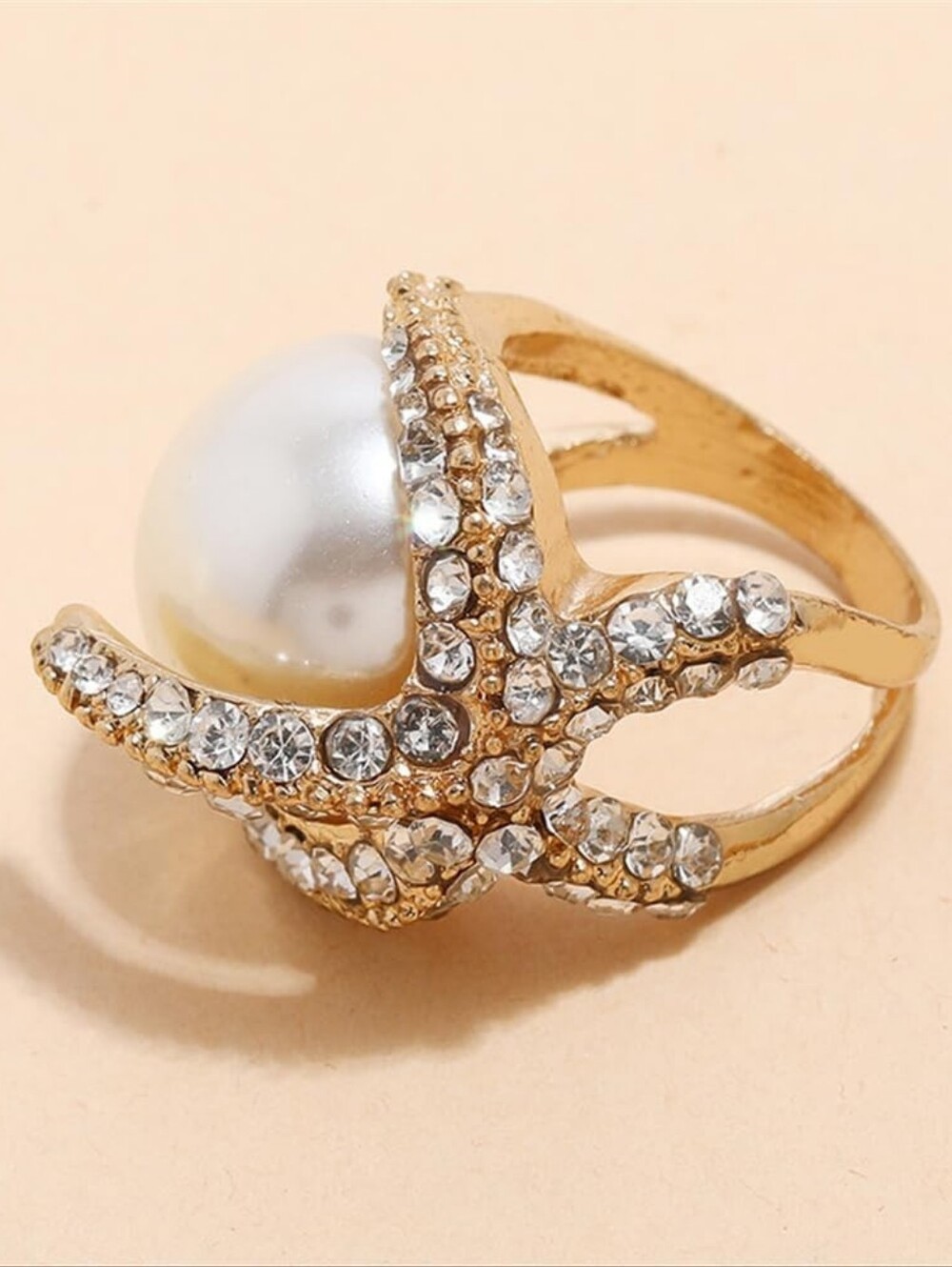 Big Starfish Shell Pearl Statement Ring Rhinestone Crystal - Picture 4 of 5